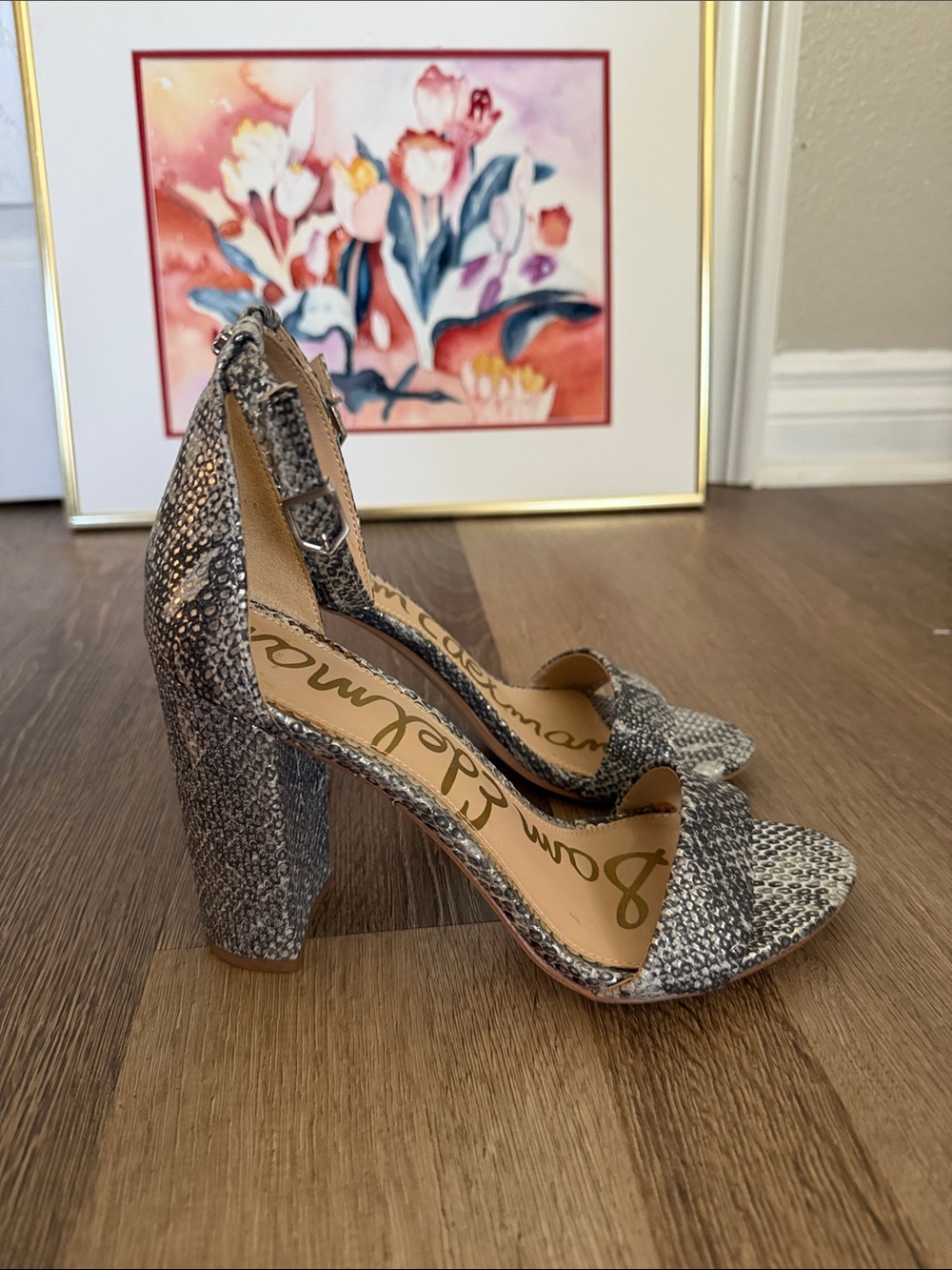 Sam Edelman Snake-Print Ankle-Strap Block Heels in Gray silver and Cream